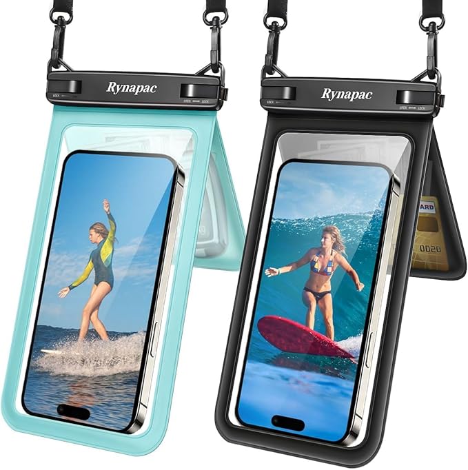 Rynapac IPX8 Waterproof Phone Pouch 2 Pack, [Up to 8.5''] Double Space Waterproof Phone Case with Lanyard for iPhone 17 16 15 14 Pro Max, Cellphone Dry Bag for Beach Vacation Cruise Essentials