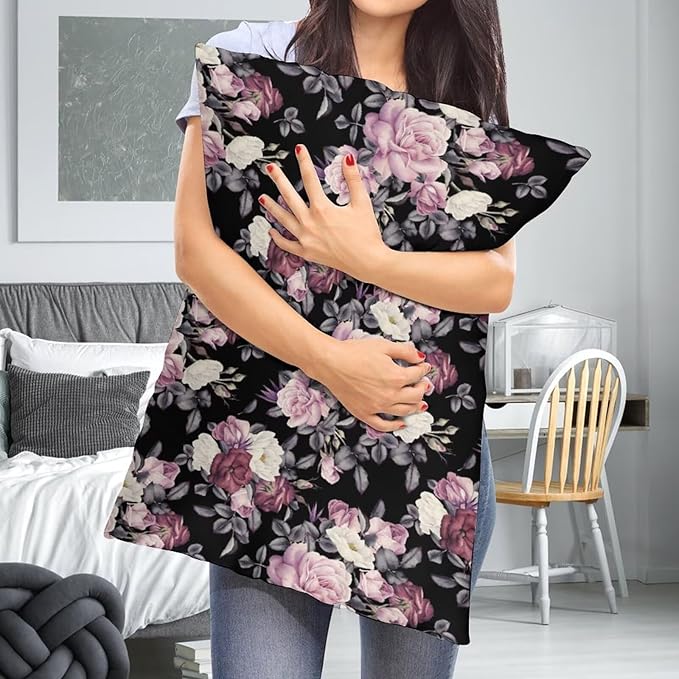 Vintage Floral Throw Pillow Covers Set of 2 Queen Size Pink Rose Peony Flower Blossom Black Pillow Cushion Cases Standard Pillow Cases Decorative Pillowcase 20X30 Inch for Sofa Bed