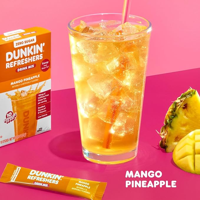 Dunkin’ Zero Sugar Refreshers Singles To Go! Powdered drink mix packets, Mango Pineapple,10 packets per box Energy from Green Tea, aspartame-free, no synthetic colors, naturally and artificially flavored, just add water