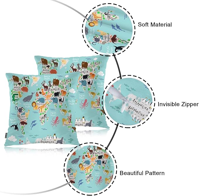 Swono World Map Throw Pillow Covers, Cartoon Forests Animal Map of The World Set of 2 Pillow Cases Decorative 18 X 18 Inches, Soft Cushion Cover Pillowcases for Bedroom, Living Room, Cushion Sofa