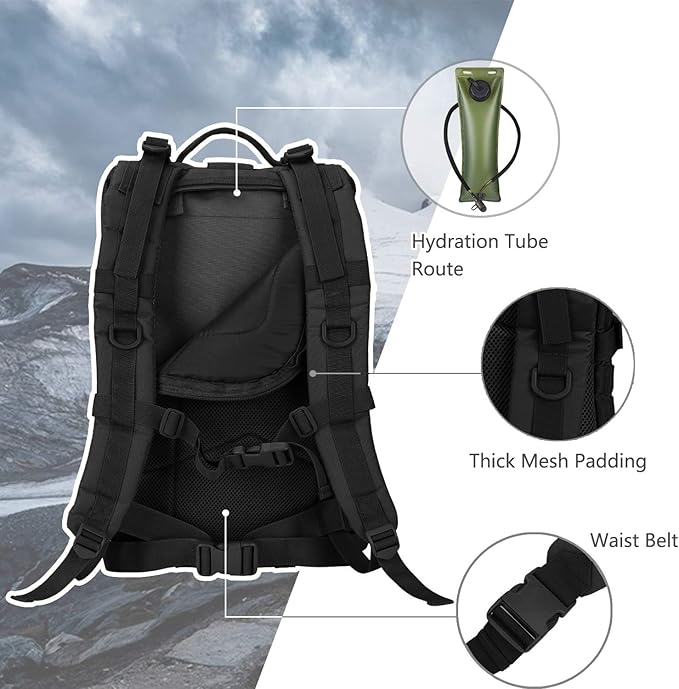 Hannibal Tactical MOLLE Assault Backpack, Tactical Backpack Military Army Camping Rucksack, 3-Day Pack Trip w/USA Flag Patch, D-Rings, Black