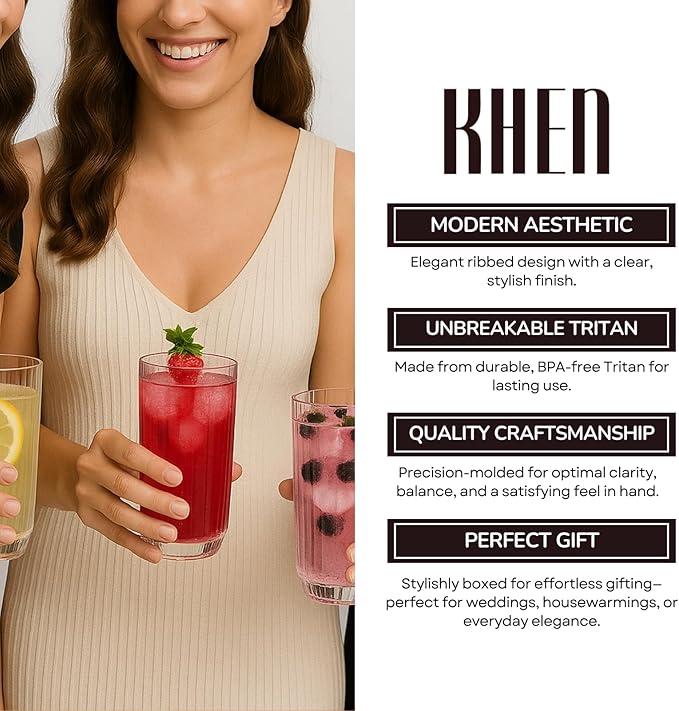 Khen Plastic Acrylic Ribbed Drinking Glasses – Set of 4 Clear 11.8oz Tritan Tumblers, European Style Shatterproof Drinkware – Durable, BPA-Free, Dishwasher Safe, Stackable & Unbreakable Plastic Cups