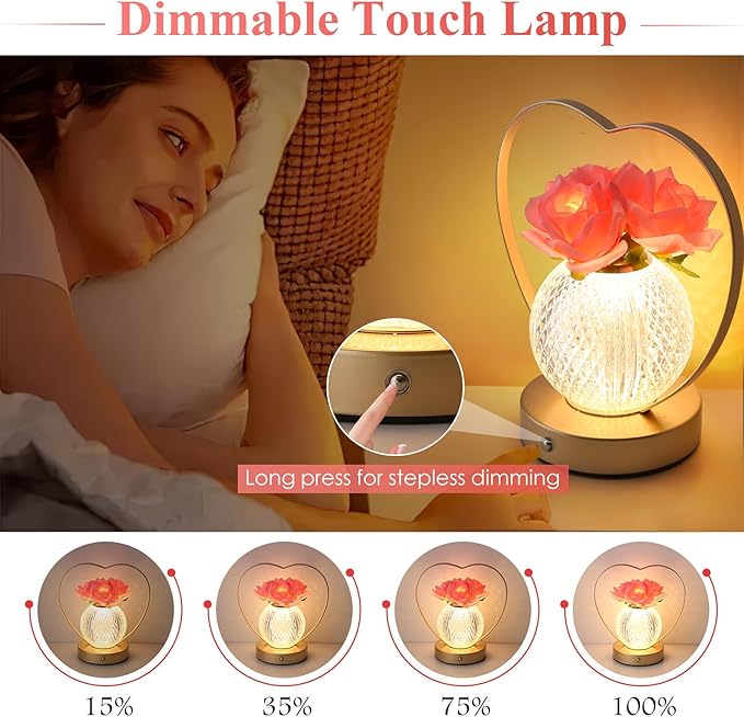 AMWGIMI Rose Flower Lamp,Birthday Gifts for Women,Rechargeable Cordless LED Touch Lamps,3-Colour Infinitely Dimming Small Night Light,for Living Room,Dining Room,Bedroom Festival Home Decor