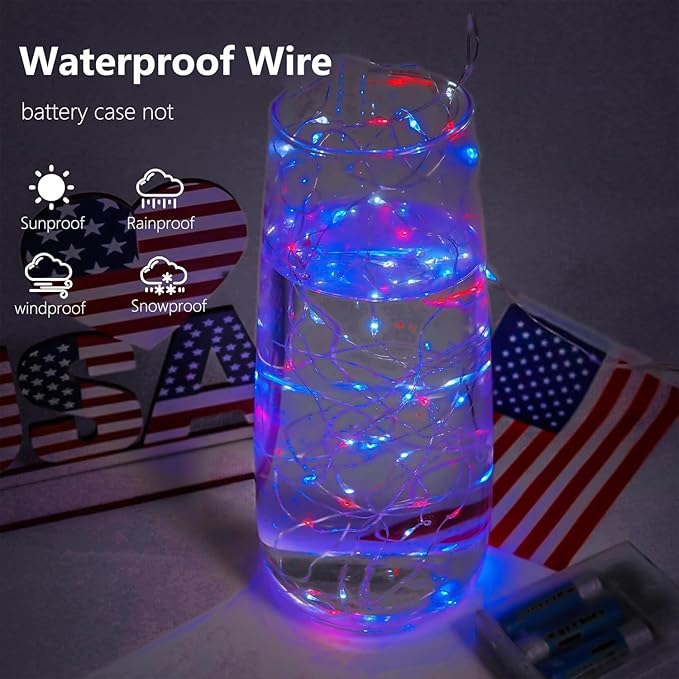 4th of July Decorations, 4 Pack Red White and Blue Fairy Lights Battery Operated with Timer, Waterproof 16FT 50 LED Starry String Lights for Independence Day 250th Anniversary Memorial Day Home Decor