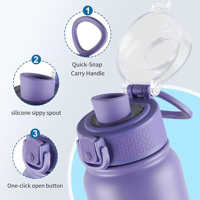 GOPPUS Insulated Water Bottle 20oz Stainless Steel BPA-Free Sports Bottle Ideal for School and Travel Silicone Spout Lid Prevents Leaks, Sweat, and Dust (purple)