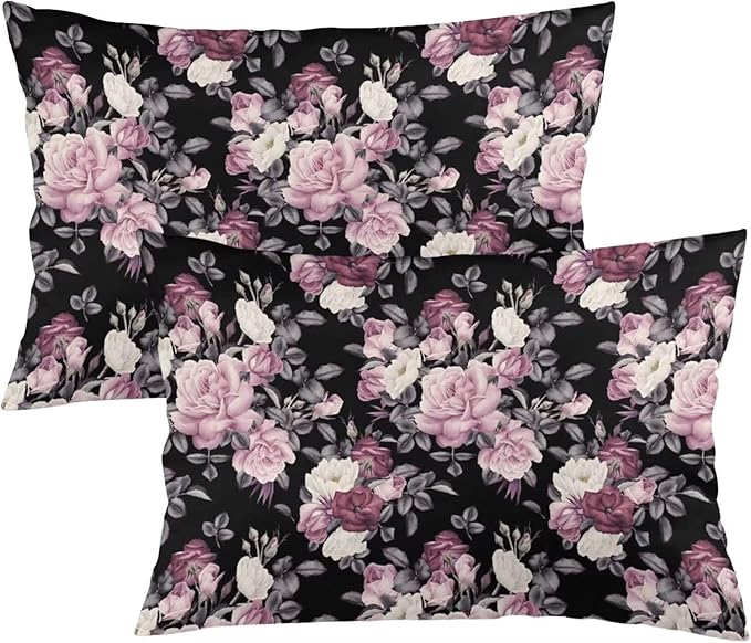 Vintage Floral Throw Pillow Covers Set of 2 Queen Size Pink Rose Peony Flower Blossom Black Pillow Cushion Cases Standard Pillow Cases Decorative Pillowcase 20X30 Inch for Sofa Bed
