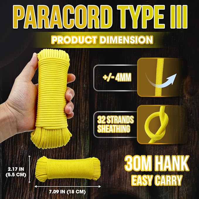 High Tensile Paracord Type III Parachute Cord Reflective Paracord Rope Tactical Paracord for Camping, Survival, Gear Repair & DIY, Yellow