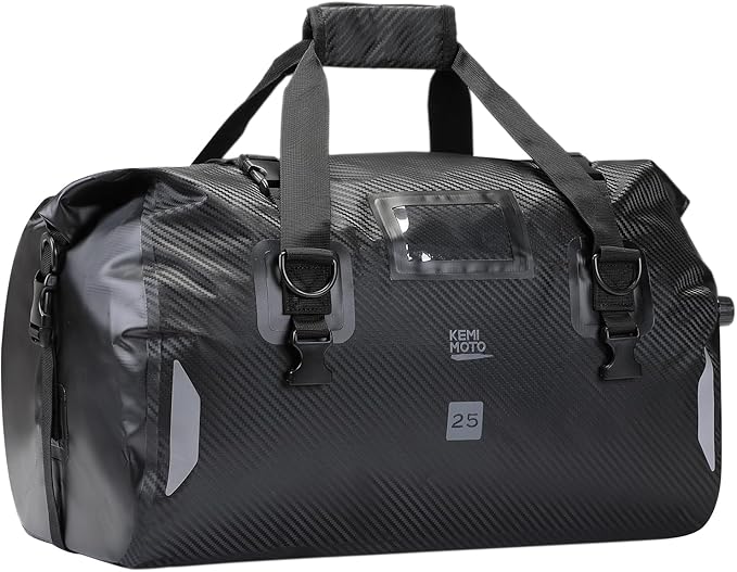 KEMIMOTO Waterproof Motorcycle Dry Bag – Duffle Tail Bag Soft Luggage, 25L/40L/65L Large Capacity with 4 Quick-Release Straps, Dustproof for Touring, Adventure, Motorcycling & Camping Black
