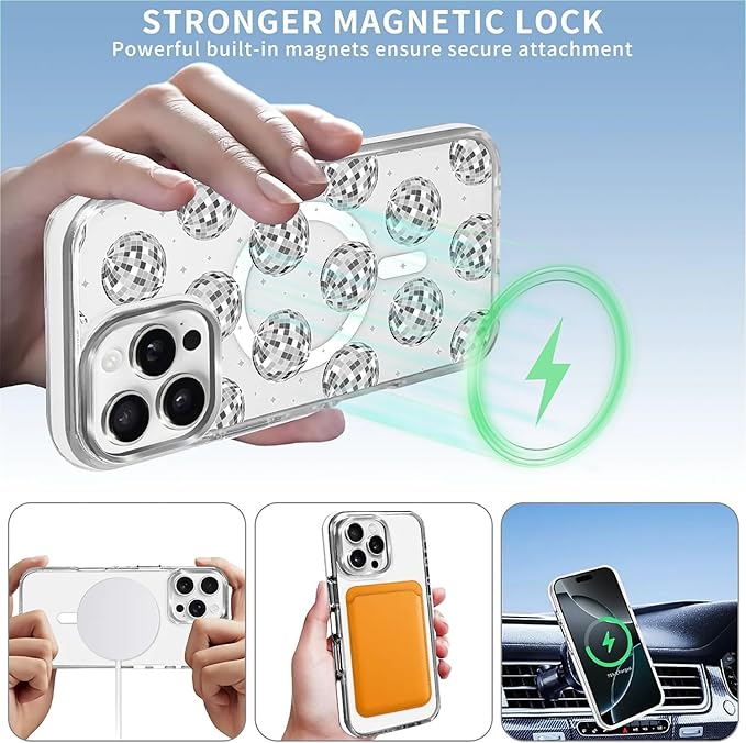 Case for iPhone 16 Pro Max,[Compatible with MagSafe],Disco Ball Grayish White Phone Case Design，for Women Girls Magnetic Clear Cover - Slim, Sleek, & Shockproof Protection