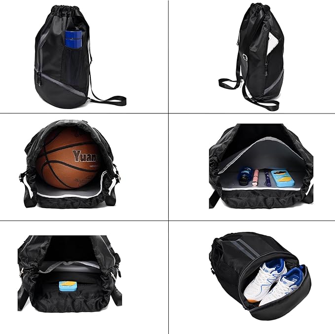 LOKAPEGY Black Drawstring Gym Bag for Men, Waterproof Drawstring Backpack for Women, Swim Bag with Shoes Compartment, Pull String Sport Bag for Soccer and Basketball.