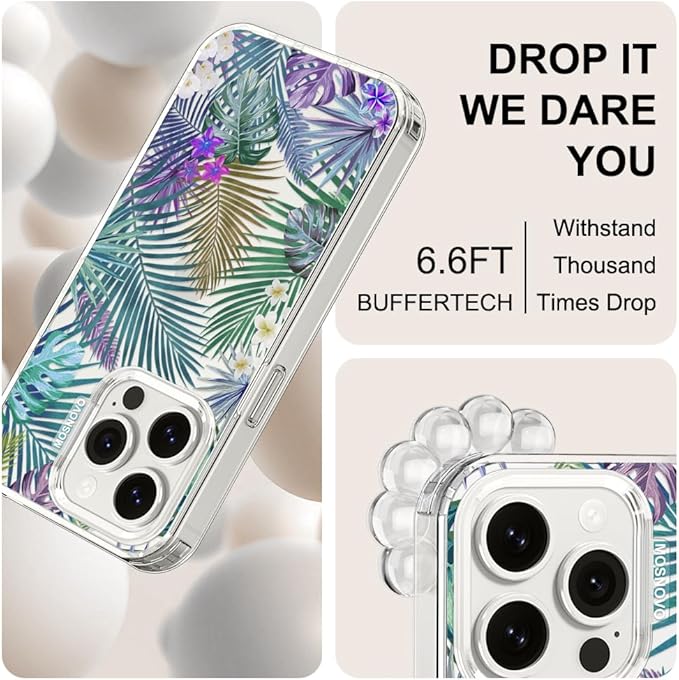 MOSNOVO Case for iPhone 15 Pro, [Buffertech 6.6ft Military-Grade Drop Protection] [Anti Peel Off Tech] Clear TPU Bumper Phone Case Cover Design - Tropical Rainforests