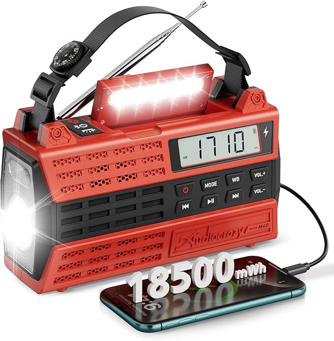 Emergency Crank Radio, 5000mAh/18500mWh Solar Hand Crank Radio, AM/FM/NOAA Weather Radio with Bluetooth,Type C Charger, 3 Mode Flashlight,Reading Lamp for Emergency& Camping Red