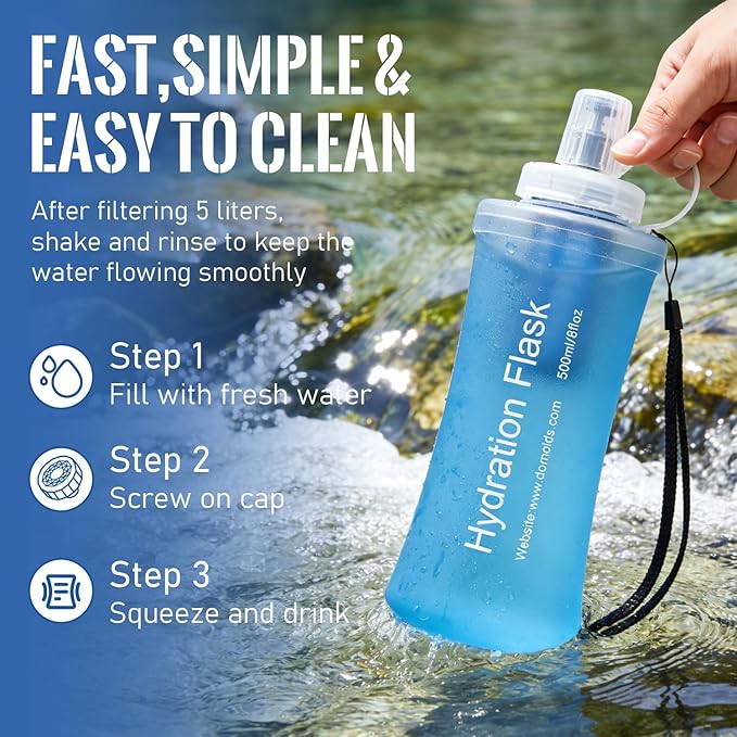 1L Collapsible Water Bottle with Filter for Hiking, Camping & Travel - TPU Soft Flask, 0.1 Micrometer Hollow Fiber Membrane for Clearer, Better Tasting Outdoor Water(Blue)
