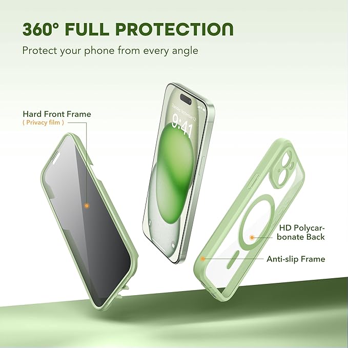 TIESZEN Magnetic for iPhone 15 Plus Case, Compatible with MagSafe, Built-in Privacy Screen Protector and Camera Protection, Anti Spy Full Body Dustproof Shockproof Hard Phone Case 6.7", Mint Green