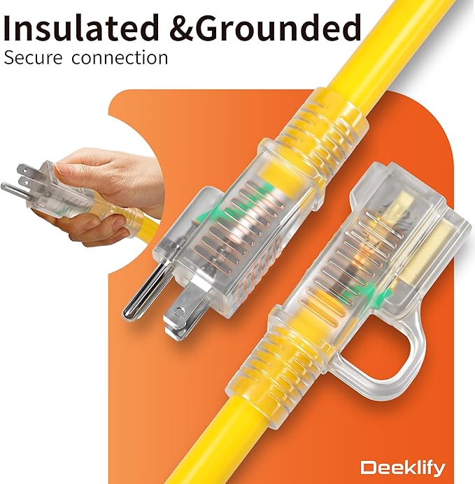 12AWG 15 FT Heavy Duty Outdoor Extension Cord Waterproof with Lighted End, 12 Gauge Extension Cord Flexible and Cold Resistant 3 Prong Grounded Plug,Yellow 15Amp 1875W SJTW ETL Listed