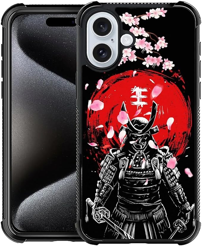 for iPhone 16 Plus Case, Sakura Japanese Samurai Pattern Graphic Design Girl Boy Soft Silicone Hard Acrylic Shock Protection for iPhone 16 Plus