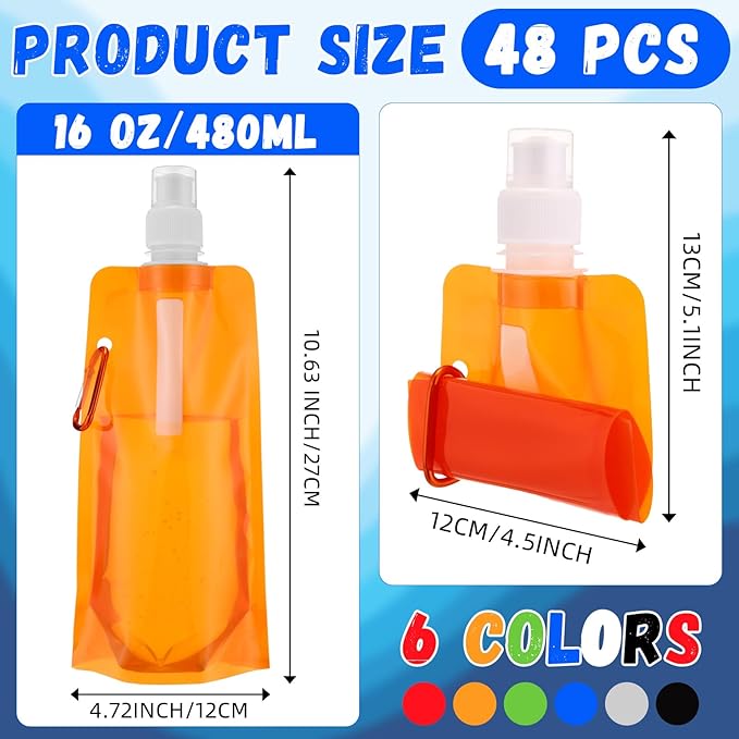 Teenyyou 48 Pack Collapsible Water Bottles Bulk 16oz Foldable Water Bottles with Carabiner Reusable Drinking Leak Proof Container Bags for Sport Biking Hiking Camping Travel Outdoor (Multiple Colors)