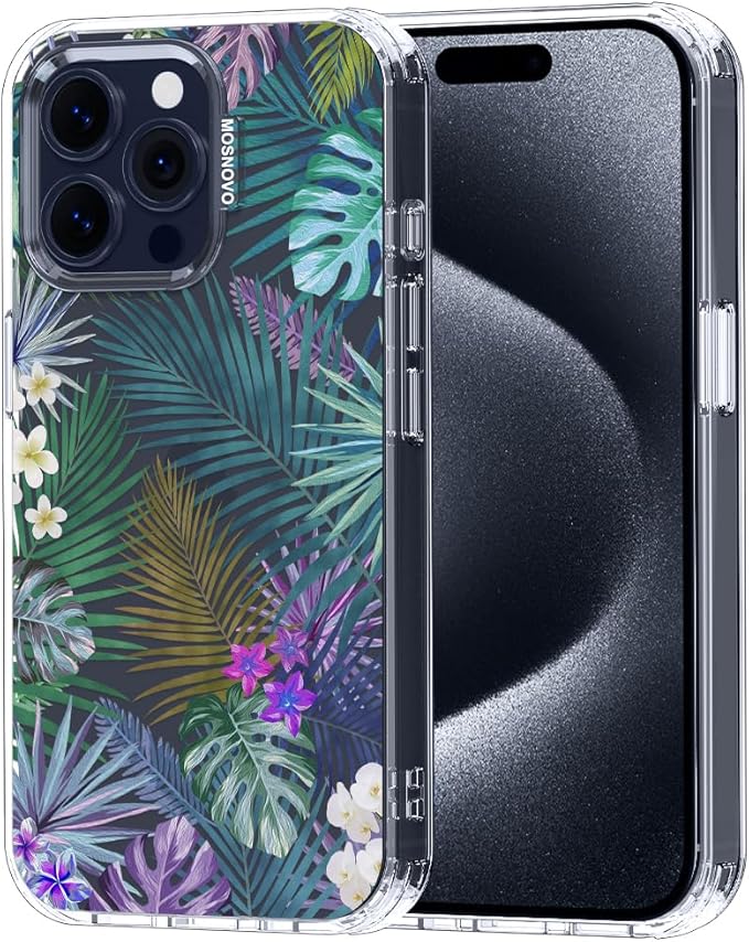 MOSNOVO Case for iPhone 15 Pro Max, [Buffertech 6.6ft Military-Grade Drop Protection] [Anti Peel Off Tech] Clear TPU Bumper Phone Case Cover Design - Tropical Rainforests