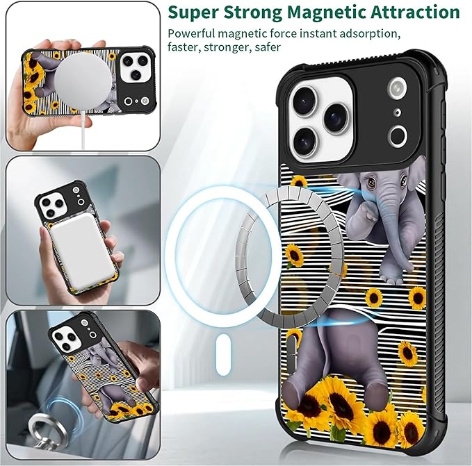 for iPhone 17 Pro Max Case,for MagSafe Graphic Design for Girl Boy Soft Silicone Hard Acrylic Shock Protection for iPhone 17 Pro Max Cute Little Elephant Sunflower White Line Art Pattern