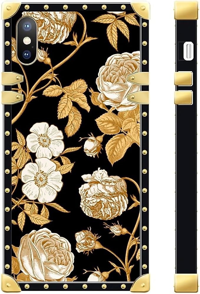 Compatible with iPhone XR Case, Blooming Rose Golden Flower Luxury Golden Decoration for Girl Women Soft TPU Shockproof Protective Hard PC Back for iPhone XR