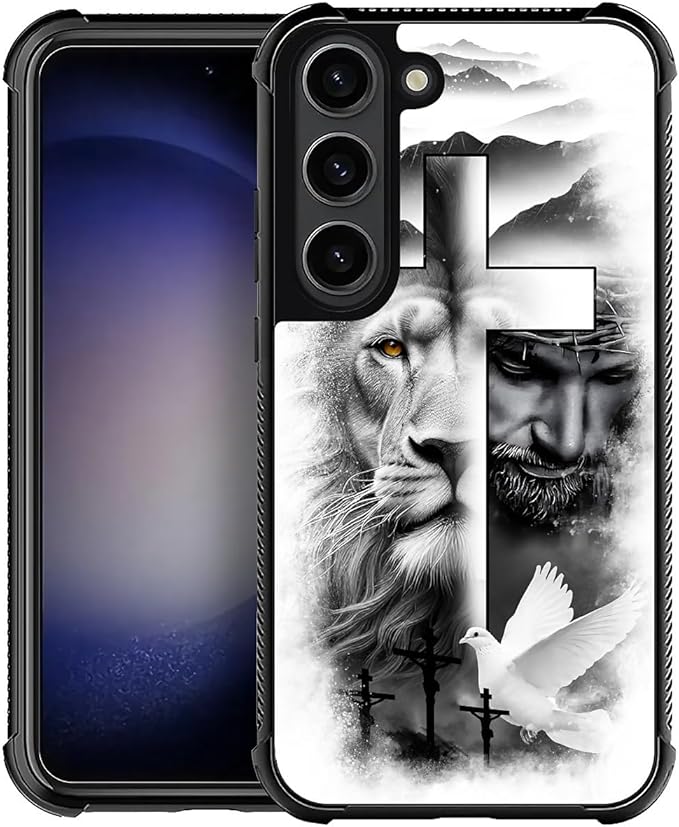 for Samsung Galaxy S23 Case, Lion Cross Jesus Christ Dove Pattern Graphic Design Girl Boy Soft Silicone Hard Acrylic Shock Protection for Samsung Galaxy S23