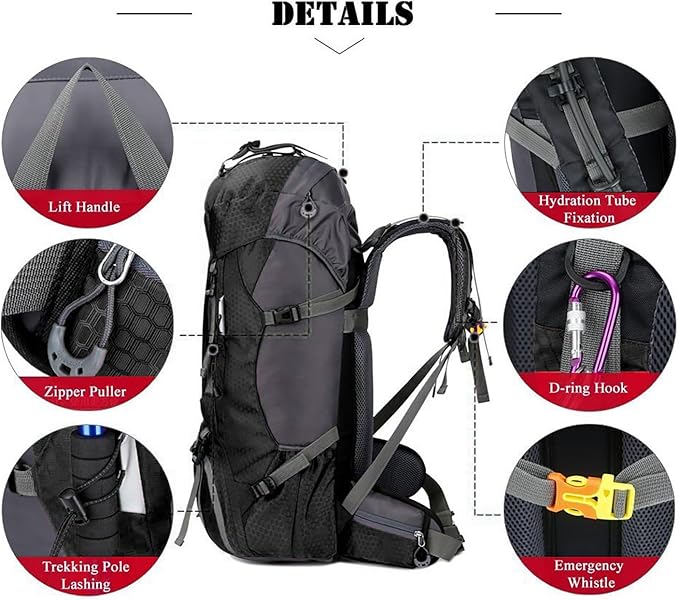 Bseash 60L Waterproof Hiking Camping Backpack with Rain Cover, Large Outdoor Sport Travel Daypack Rucksack for Climbing