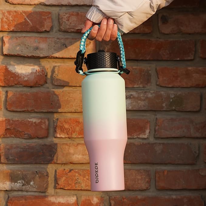 BJPKPK Insulated Water Bottles with Straw Lid, 35oz Metal Water Bottle with 2 lids & Paracord Strap, Double Wall Stainless Steel Tumbler with Handle, Reusable Cups, Mugs, Thermo, Marshmallow