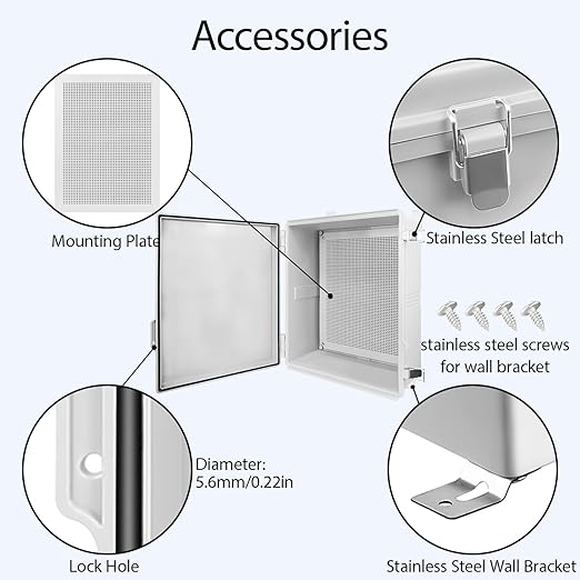 LeMotech Electrical Box, IP67 Waterproof Hinged Cover Stainless Steel Latch Junction Box, ABS Plastic Electrical Enclosure with Mounting Plate,Wall Brackets, Cable Glands, 17.7"x13.8"x7.9", Grey