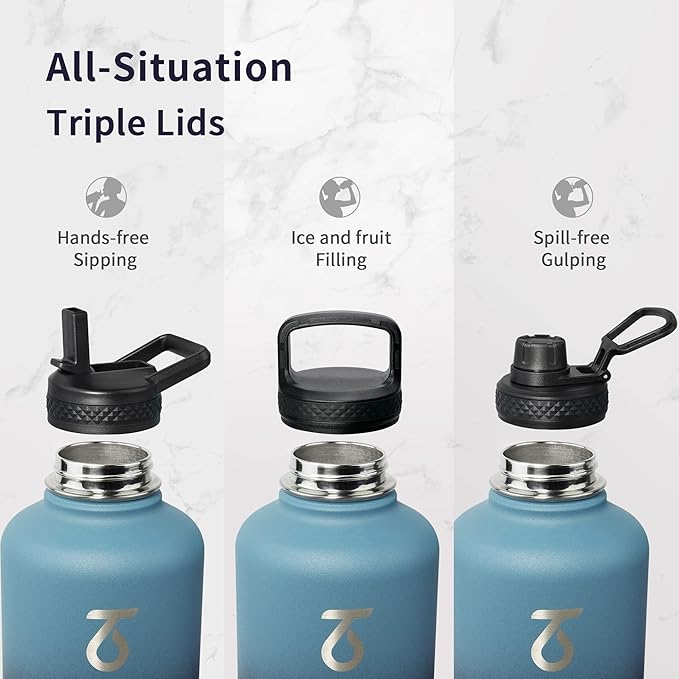 Trebo Water Bottle 64oz with Paracord Handle, Half Gallon Large Vacuum Triple Wall Stainless Steel Insulated Water Jug with Holder Strap Straw Spout Lids, Leakproof Keep Cold & Hot, Indigo/Black