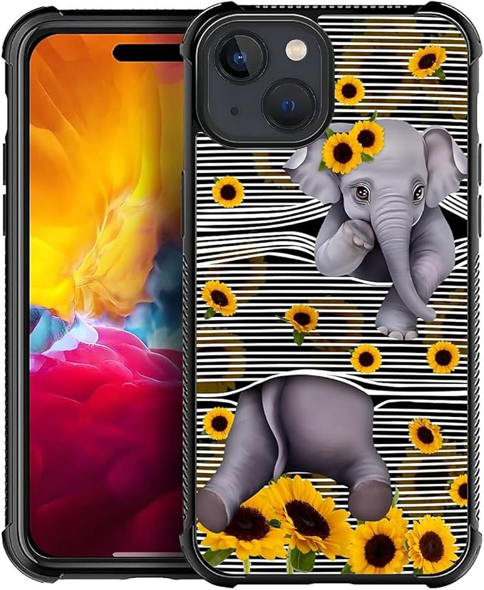 for iPhone 15 Plus Case, Cute Little Elephant Sunflower White Line Art Pattern Made of Soft Silicone Hard Acrylic Shock Protection for iPhone 15 Plus