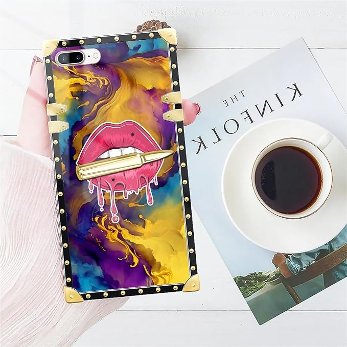 Compatible with iPhone 8 Plus 7 Plus Case, Cool Corlorful Lip Marble Luxury Golden Decoration for Girl Women Soft TPU Shockproof Protective Hard PC Back for iPhone 8 Plus 7 Plus