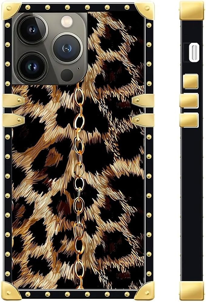 Compatible with iPhone 13 Pro Max Case, Seamless Gold Chain Leopard Luxury Golden Decoration for Girl Women Soft TPU Shockproof Protective Hard PC Back for iPhone 13 Pro Max