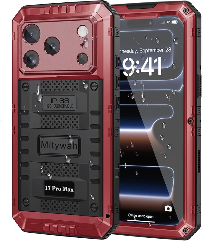 Mitywah Waterproof Case for iPhone 17 Pro Max, Rugged Metal Case with Built-in Screen Protector, Heavy Duty Full Body Shockproof Protective Cover 6.9 inch, Red