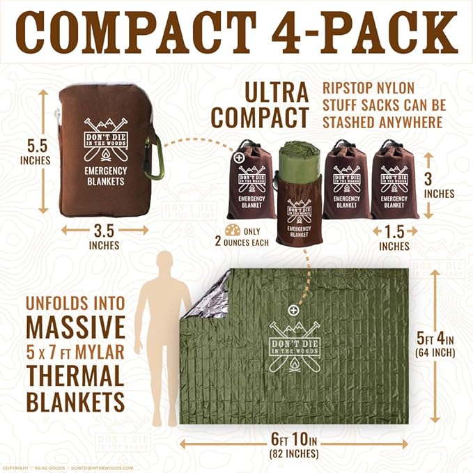 Don't Die In The Woods - Freakin’ Huge Emergency Blankets [4-Pack] Extra Large Thermal Mylar Space Blanket - One of The Ten Essentials Outdoor Survival Gear for Hiking Camping First Aid Kit (Green)