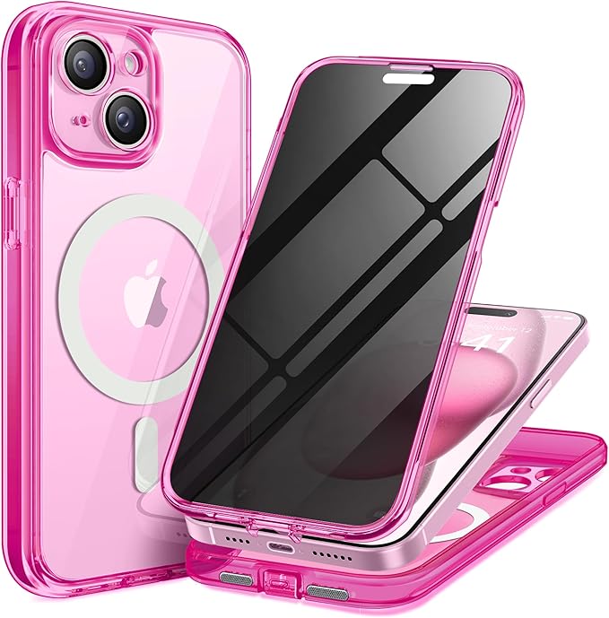 TIESZEN for iPhone 15 Plus Case, Compatible with MagSafe, Built-in Privacy Screen Protector and Camera Protection, Anti Spy Full Body Dustproof Shockproof Hard Phone Case 6.7", Bright Pink