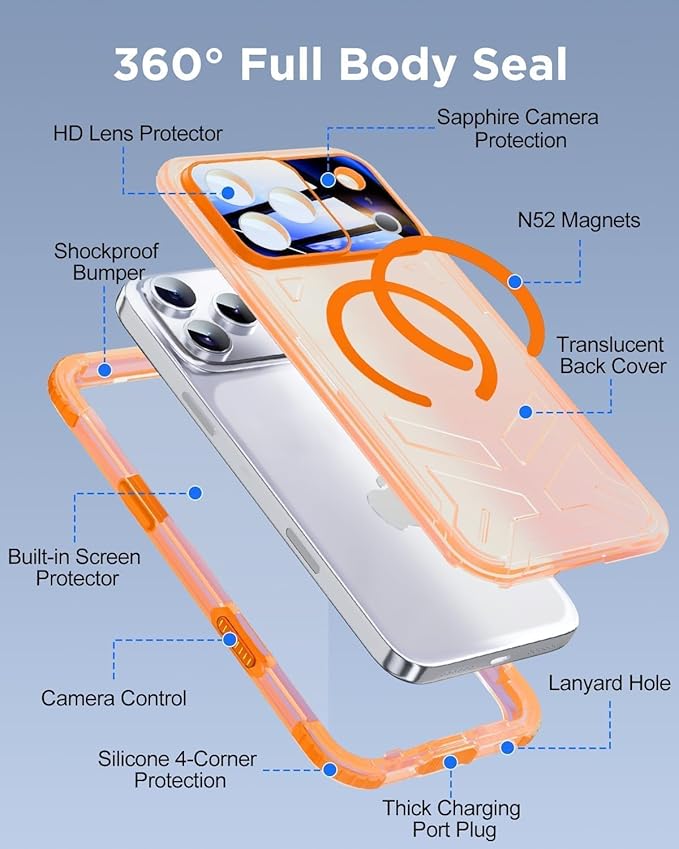 for iPhone 17 Pro Max Waterproof Case with Magsafe, Built-in [Camera & Screen Protector] [Lanyard], IP68 Water Proof Full Body Dustproof Heavy Duty Frosted Protective Phone Cover, 6.9" Orange