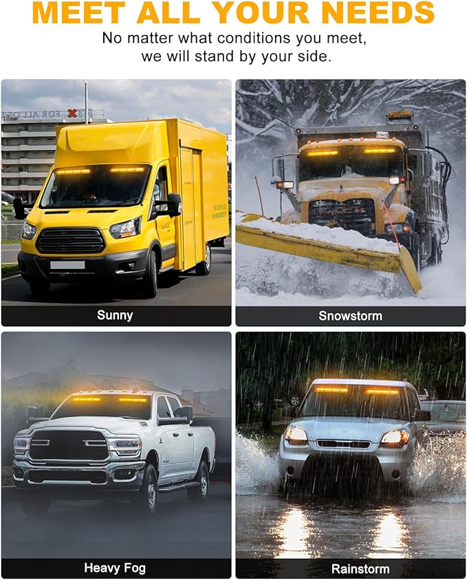 HLauto 6Z4J Emergency Dash Strobe Lights: 2x16.8 inch Amber Safety Lights, 48 LED Flashing Warning Hazard Interior Windshield Visor Traffic Light Bar for Trucks, Construction Vehicles