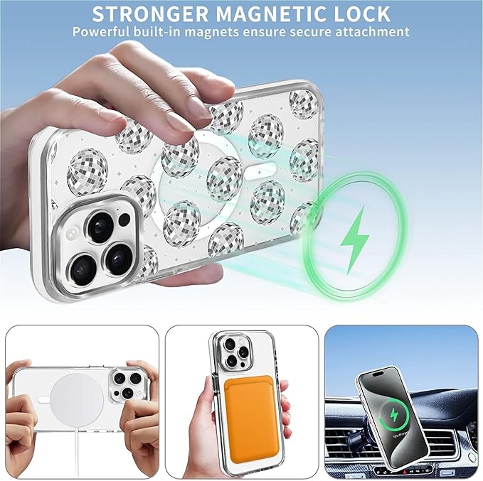 Case for iPhone 15 Pro,[Compatible with MagSafe],Disco Ball Grayish White Phone Case Design，for Women Girls Magnetic Clear Cover - Slim, Sleek, & Shockproof Protection