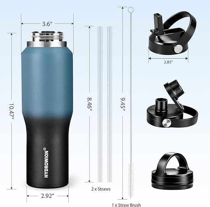 HYDROWION 32oz Water Bottle, Double Wall Vacuum Stainless Steel Insulated Water Flask with Straw Lid, Spout Lid and Flex Cap(Cold for 48 Hrs, Hot for 24 Hrs), Leakproof Travel Thermo Mug, Blue&Black