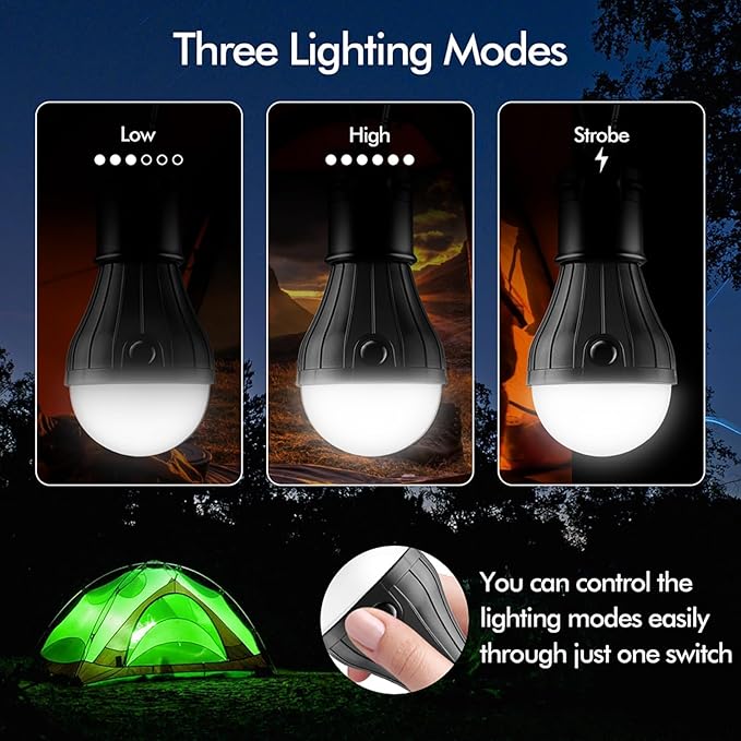 FLY2SKY Portable LED Tent Lamp Emergency Lights with Hook, Hurricane Bulb Lantern Equipment for Camping, Hiking, Backpacking, Fishing Outage, Multicolor, 4 Pack