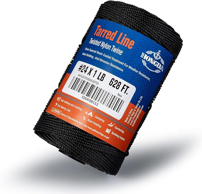 HONGDA Tarred Bank Line Twine, 628 Feet Nylon Twine #24 Bank Line-Black Nylon String, Black Strong Twisted Seine Rope Ideal for Gardening, Construction, Gear Tying, Jungle Survival
