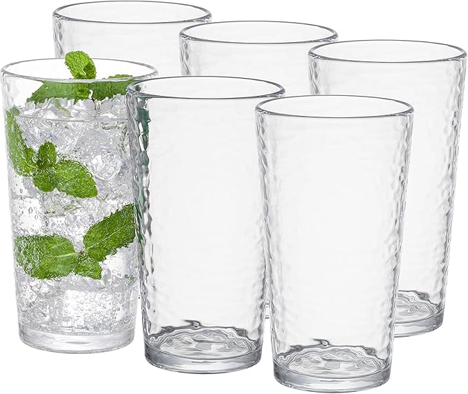 KLIFA- NICE- 20 ounce, Set of 6, Acrylic Highball Drinking Glasses, BPA-Free, Stackable Plastic Drinkware, Dishwasher Safe Cups, Clear