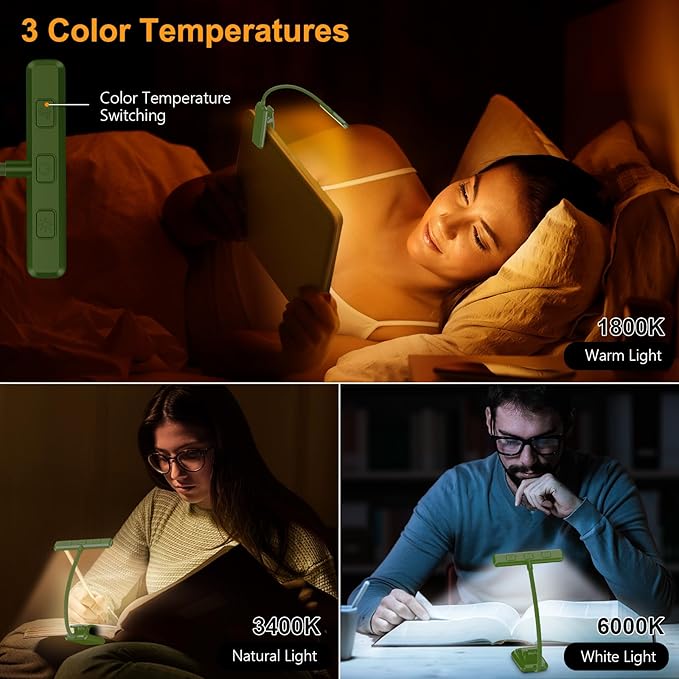 Gritin 19 LED Rechargeable Book Light for Reading in Bed with Memory Function- Eye Caring 3 Color Temperatures,Stepless Dimming Brightness,90 Hrs Runtime Clip on Light for Book Lovers-Dark Green