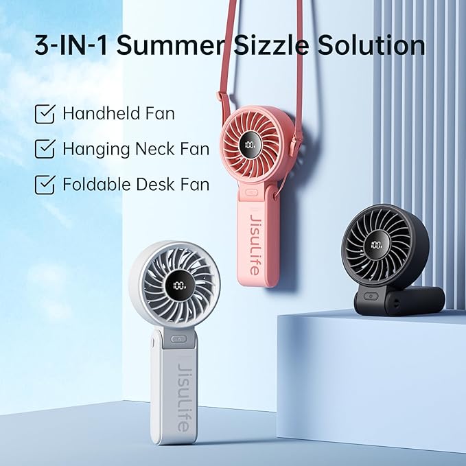 JISULIFE Handheld Fan Life7 – Ultimate Flexibility: Wide & Strong Airflow, 19.5H Max Cooling, 5000mAh Rechargeable, 5-Speed, LED Display, 3 IN 1 Portable Fan for Travel, Concerts, Sports Events(Black)