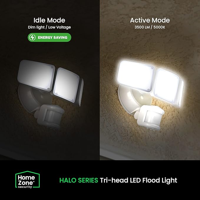 Home Zone Security 3500 Lumen LED Motion Sensor Light - Outdoor Weather Resistant Triple Head 5000K Security Light with Dusk to Dawn Mode and Easy Connect Back Panel, White