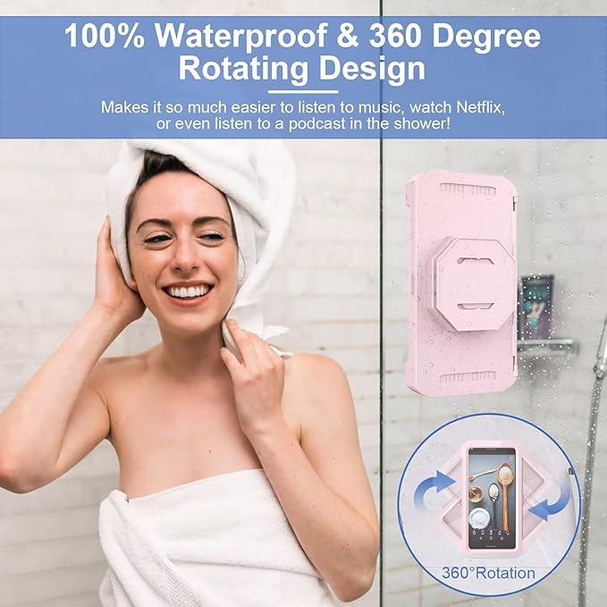 URROY Shower Phone Holder Waterproof, 360° Rotation Shower Phone Case, Anti-Fog High Sensitivity Universal Cover Mount Stand for Bathroom Wall Mirror Bathtub Kitchen, Gift for Men Women Pink