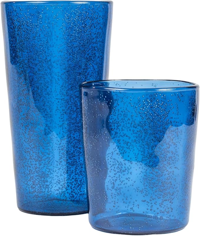 Fizz Bubbles Durable Acrylic 8-Piece Indoor/Outdoor Drinkware Set with Four 24 oz Jumbo Glasses and Four 17 oz Double Old Fashioned Glasses, Shatter-Resistant, Dishwasher-Safe - Blue
