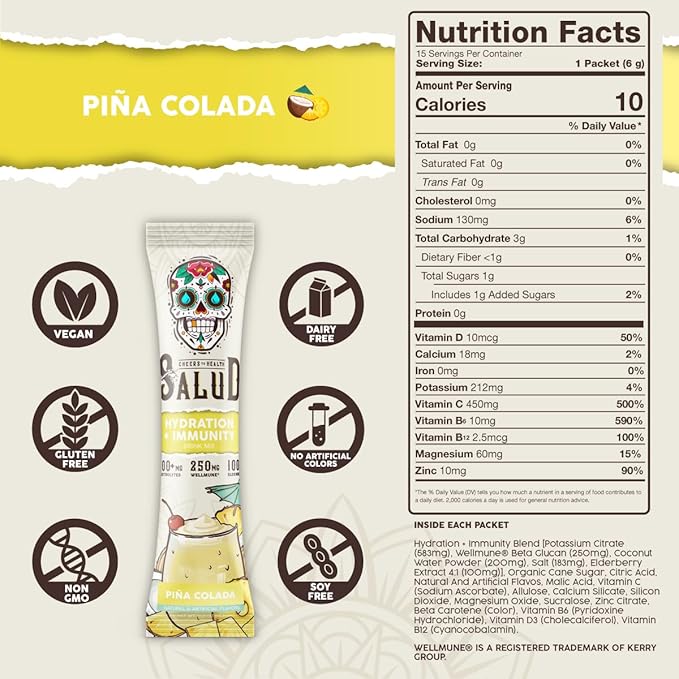 Salud 2-in-1 Hydration Packets + Immunity Electrolytes Powder, Piña Colada - Agua Fresca Drink Mix, Elderberry, Dairy & Soy Free, Non-GMO, Gluten Free, Vegan, Low Calorie, 1g Sugar (15 Servings)