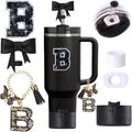 6pcs Black Stanley Cup Accessories Set, Bow Straw Topper for Stanley Cup 30oz 40oz, Including Straw Topper and Bow Silicone Boot, Stoppers Spill Proof, Handle Charm, Initials Sticker
