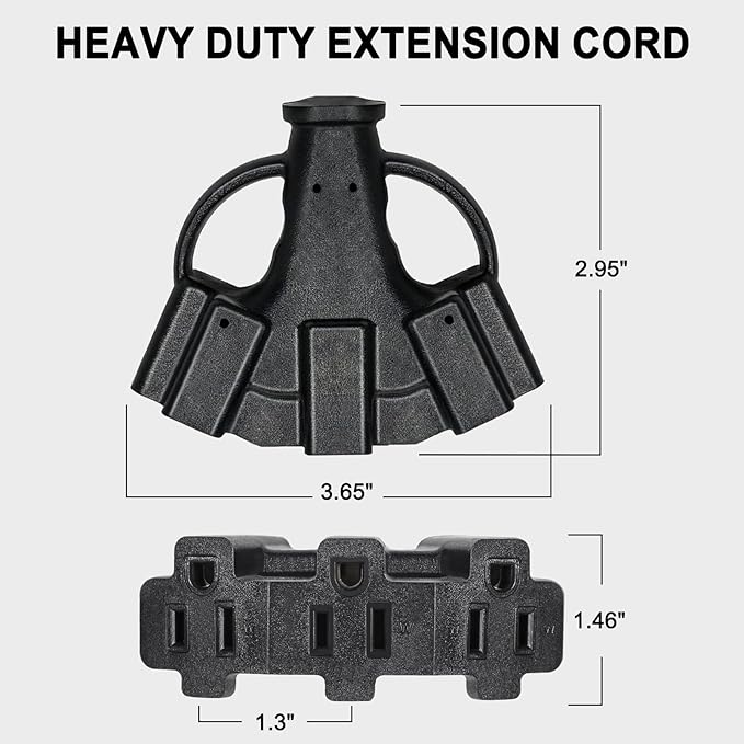 10FT 12/3 Outdoor Extension Cord with Multiple Outlets 12 Gauge 3 Outlet Heavy Duty Power Cord Splitter Flexible 3 Way Power Cable Waterproof 12AWG 15A 1875W SJTW,ETL Listed